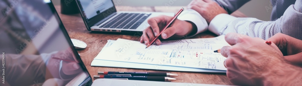 Two business people are having a meeting in an office and discussing some ideas and writing on paper. Two business people are having a meeting in an office and discussing some ideas and writing on paper.