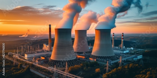 Wallpaper Mural Aerial view of a nuclear power plant during sunset with cooling towers emitting steam, surrounded by lush green landscapes. Torontodigital.ca