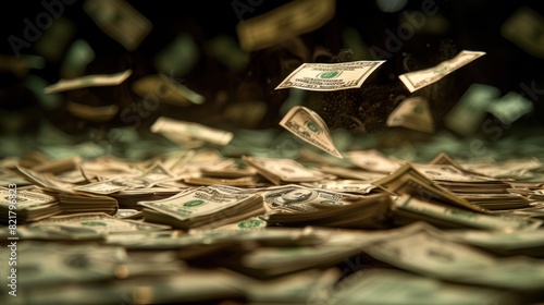 The dematerialization of money, dollars are dematerialized on a black background. photo