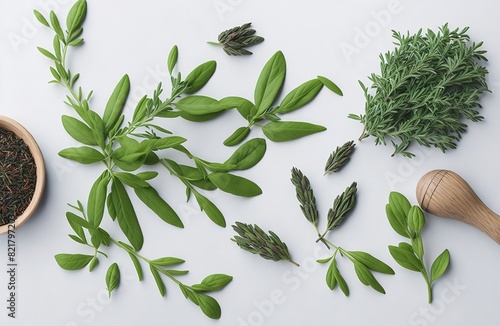 Fresh spices and mediterranean herbs. Fresh organic mediterranean herbs and spices elements on white background photo