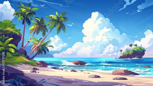 Beautiful tropical beach landscape with palm trees  golden sand  and rocks in blue water under a fluffy cloudy sky.