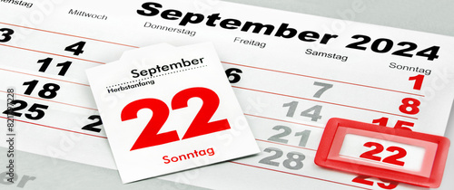 Deutscher Kalender Datum  22. September  2024  Sonntag