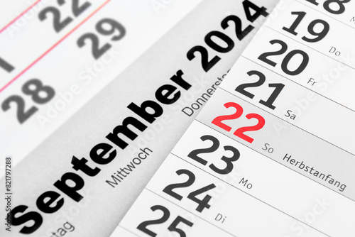 Deutscher Kalender Datum  22. September  2024  Sonntag