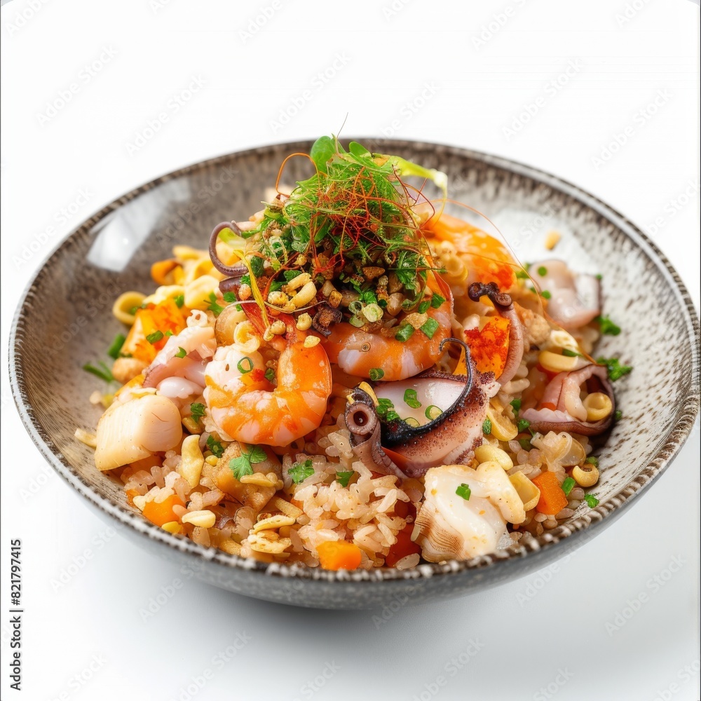nasi goreng. Fried Rice with fried egg, chicken and shrimp. seafood fried rice nasi goreng. Fried Rice with fried egg, chicken and shrimp. seafood fried rice