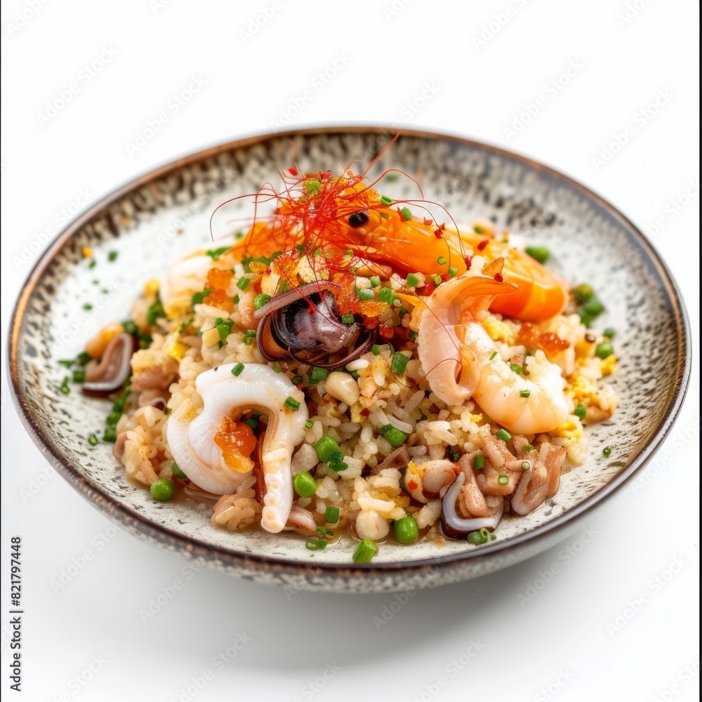 nasi goreng. Fried Rice with fried egg, chicken and shrimp. seafood fried rice nasi goreng. Fried Rice with fried egg, chicken and shrimp. seafood fried rice