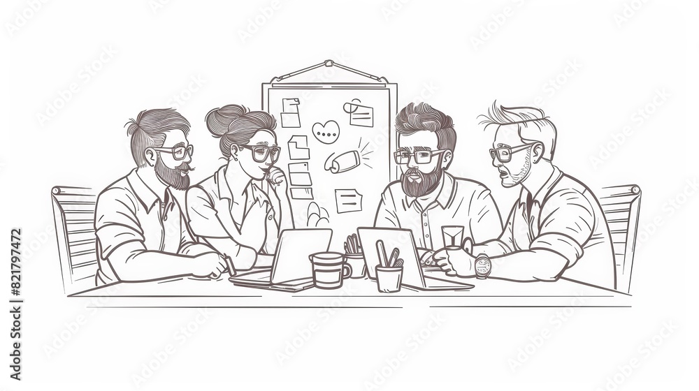 Team brainstorming, meeting, and discussion in office. Colleagues standing at the desk, discussing project development plans, finding solutions, and communicating. Modern illustration with line art.