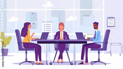 Business concept, HR employee talking with candidates. Hiring department, recruitment, negotiation, and introduction with future workers, linear flat modern illustration. © Mark