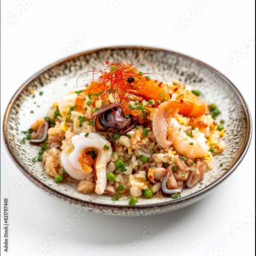 nasi goreng. Fried Rice with fried egg, chicken and shrimp. seafood fried rice