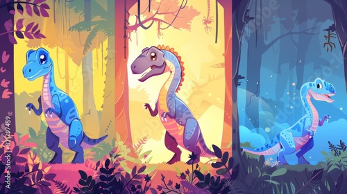 Cute baby diplodocus, tyrannosaurus rex, and velociraptor characters on posters. Modern banners with herd of raptors and herbivorous dinosaurs. photo