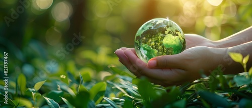 Hands holding a glass globe in a lush green forest, symbolizing environmental conservation, sustainability, and planet protection.