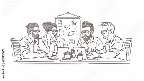 Team brainstorming  meeting  and discussion in office. Colleagues standing at the desk  discussing project development plans  finding solutions  and communicating. Modern illustration with line art.