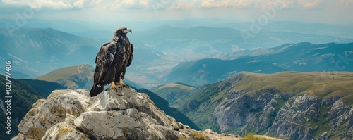 An awe-inspiring eagle sits atop a rocky mountain peak, overlooking a tranquil, hazy valley dotted with autumnal trees