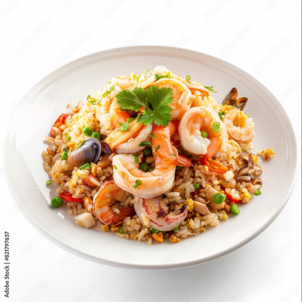 nasi goreng. Fried Rice with fried egg, chicken and shrimp. seafood fried rice nasi goreng. Fried Rice with fried egg, chicken and shrimp. seafood fried rice