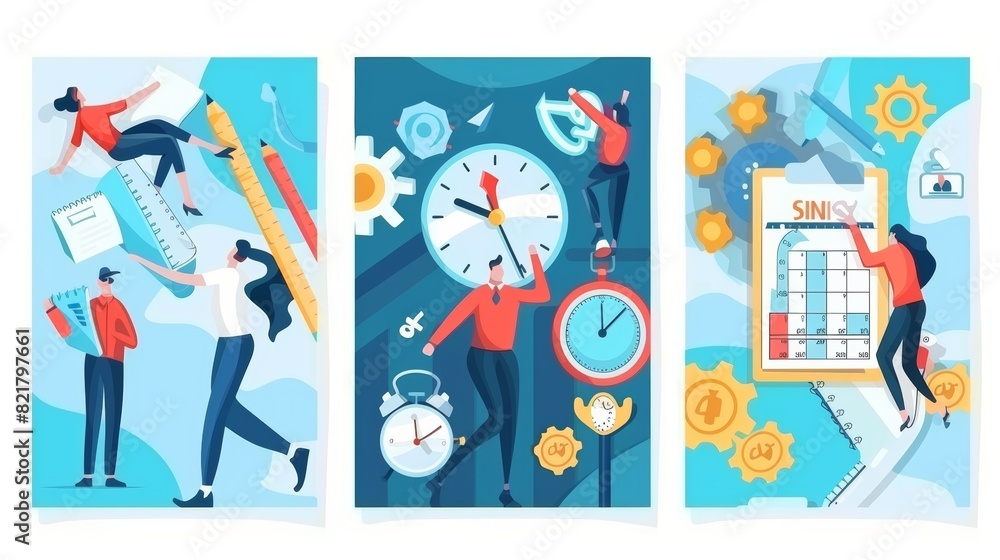 Worker time management posters with clocks and calendars. Modern banners of job organization and time control with flat illustration of businessman with planner and watch.