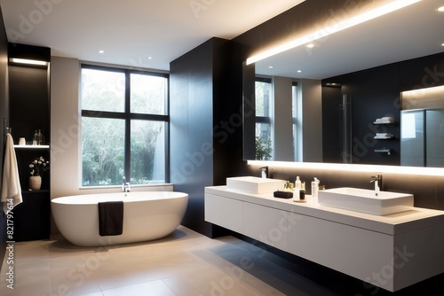 Modern Black And Cream Spacious Bathroom Design With Large Lit Rectangular Mirror