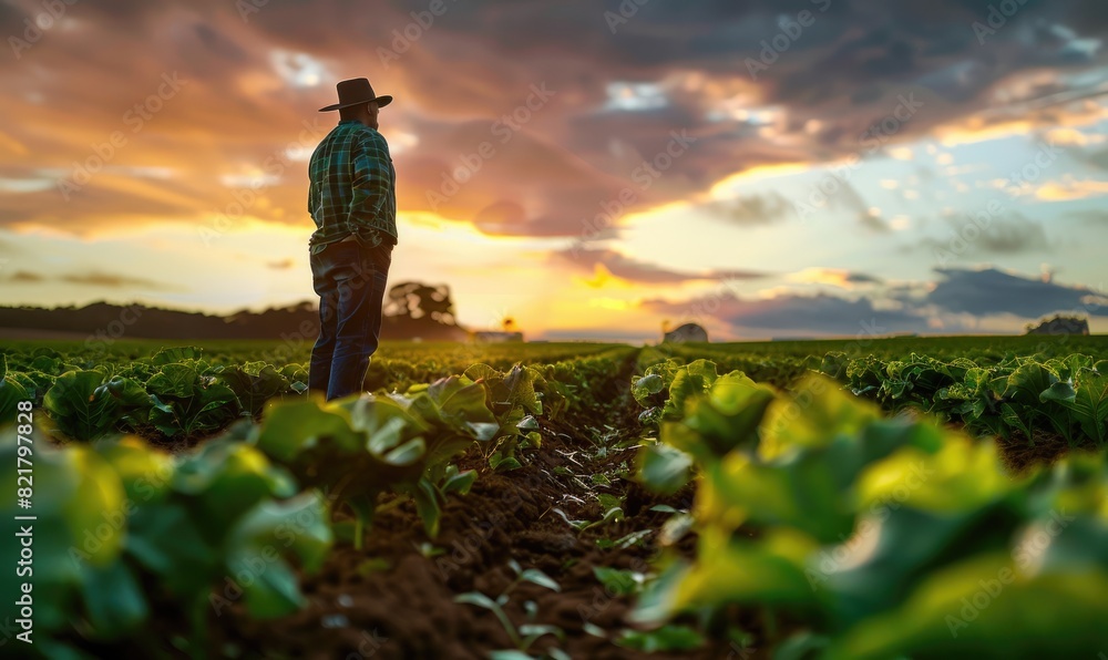 Fototapeta premium A farmer wanders away, showcasing the vastness of the farmland with golden hour tones illuminating the horizon
