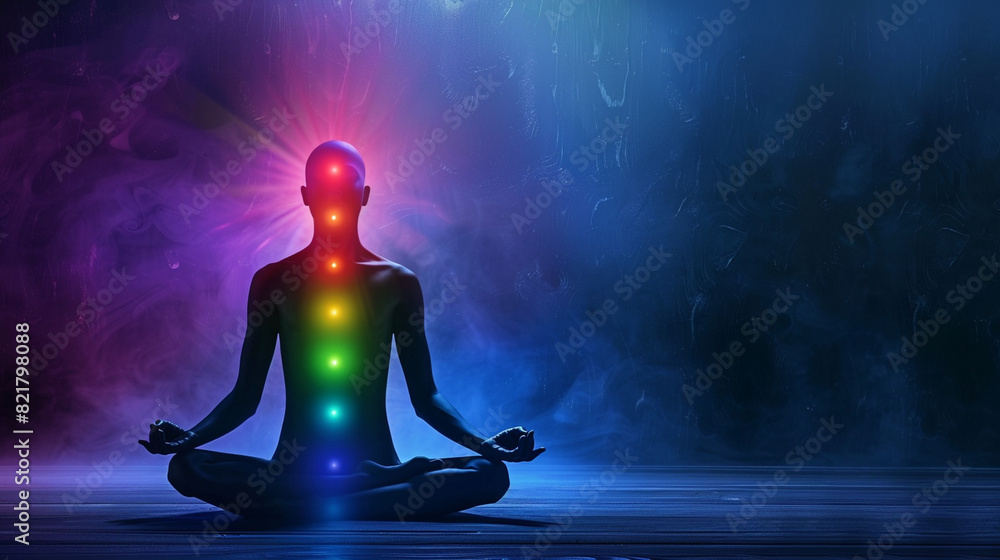 A transparent figure sitting in lotus position with chakras aligned and glowing, representing the soul's energy centers. A transparent figure sitting in lotus position with chakras aligned and glowing, representing the soul's energy centers.