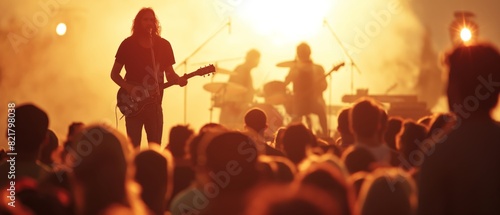Silhouette of a band performing live at a concert with an enthusiastic audience in the foreground and vibrant lighting.