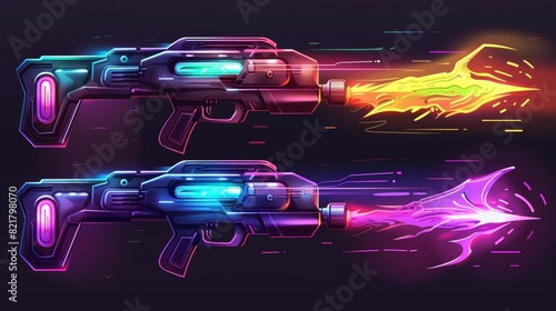 A cartoon illustration of a space gun that makes use of a physic beam and ray. A cartoon design with an illustration of a raygun pistol that uses a physic beam to produce a plasmic beam and ray. photo