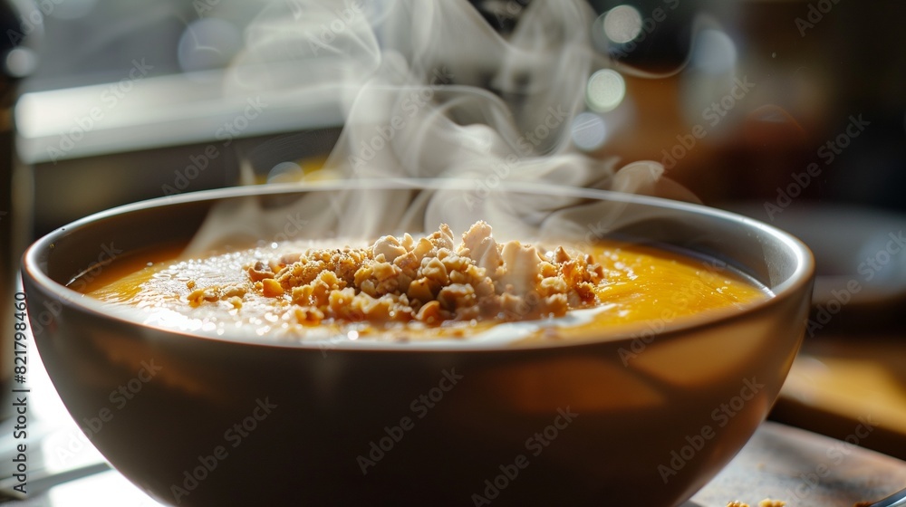 Close-up capture of rich sweet potato soup adorned with finely crushed cashew, inviting a taste. 