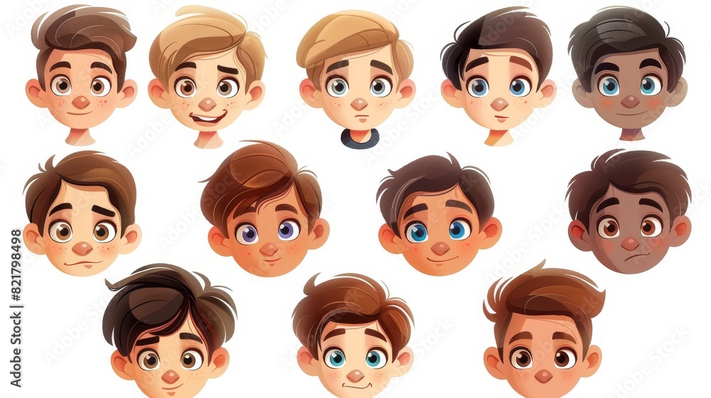 Isolated white background for boy avatar construction with head parts. Modern cartoon set of caucasian kid face generator with eyes, noses, hairstyles, brows, and lips. Isolated white background for boy avatar construction with head parts. Modern cartoon set of caucasian kid face generator with eyes, noses, hairstyles, brows, and lips.