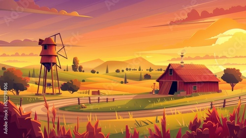 An agricultural field at sunset with a windmill, a water tower, and a farm barn. Modern illustration of rural landscape of farmland with woods, roads, and trees. photo