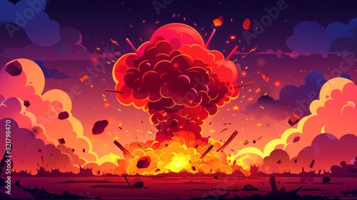 Modern web banner with fire background, cartoon red bomb explosion clouds over devastated burnt land. Boom effect, smoke, and Ui design with dynamite explosive detonation.