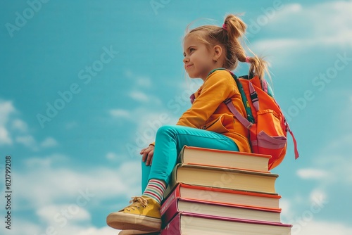 Wallpaper Mural little girl in casual bright clothes with a backpack sitting on a giant book for back to school Torontodigital.ca