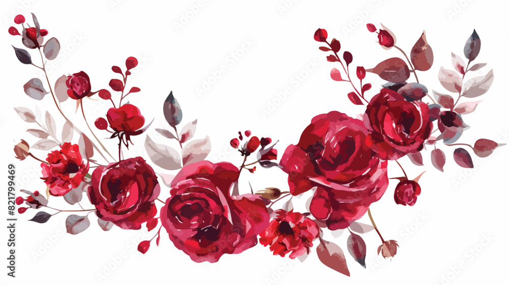 Red rose flower watercolor wreath for background wedd