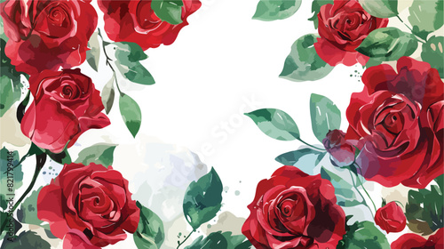 Red rose flower watercolor border for background wedd