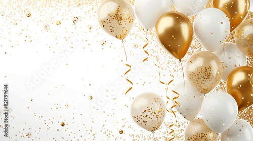 Golden balloons with confetti and ribbons.Party balloon on white background. Wedding postcards.Festive background with golden balloons and scattered golden confetti.