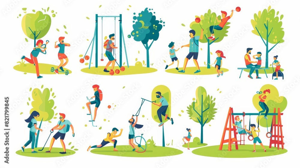 A flat character set on white, showing people participating in outdoor activities, parents and children playing games together in the park, men and women training, and friends doing sports. This is a A flat character set on white, showing people participating in outdoor activities, parents and children playing games together in the park, men and women training, and friends doing sports. This is a