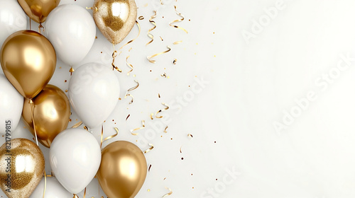Golden balloons with confetti and ribbons.Party balloon on white background. Wedding postcards.Festive background with golden balloons and scattered golden confetti.