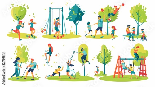 A flat character set on white  showing people participating in outdoor activities  parents and children playing games together in the park  men and women training  and friends doing sports. This is a