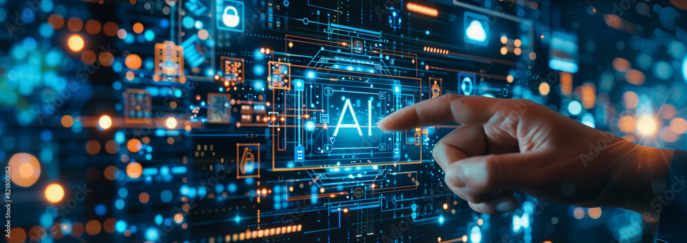 Close up human hand with AI text and hologram data. Close up human hand with AI text and hologram data.