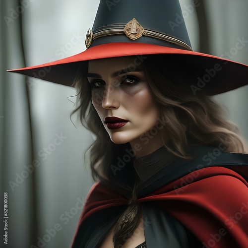 A mysterious woman with dark makeup wearing a red and black witch hat and cloak, in a forest setting. photo