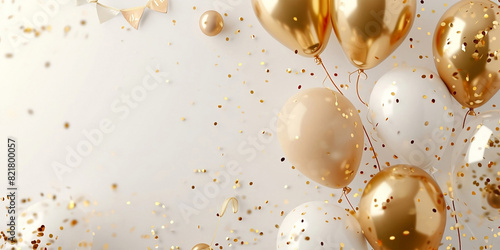 Golden balloons with confetti and ribbons.Party balloon on white background. Wedding postcards.Festive background with golden balloons and scattered golden confetti.