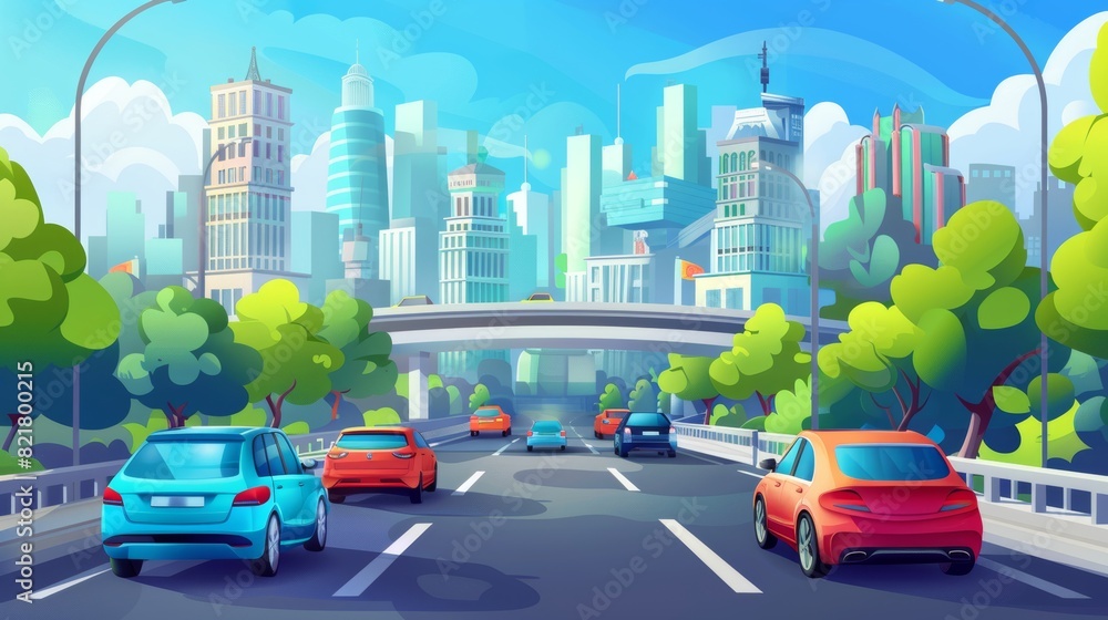 Template for road safety landing pages. Modern cartoon illustration of cars riding in heavy traffic on a city block with high buildings and a bridge. Mobile apps interface for teaching responsible