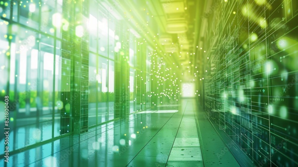 Futuristic green glowing data center hallway with abstract lines representing digital information flow and advanced technology. Futuristic green glowing data center hallway with abstract lines representing digital information flow and advanced technology.