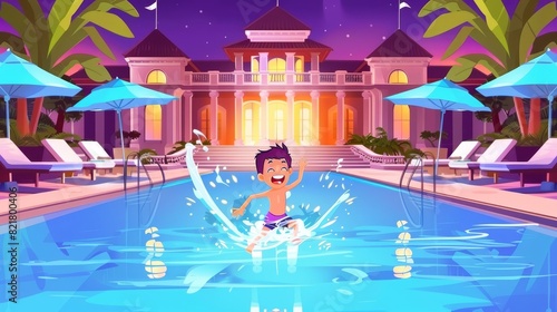 Ticket or coupon to a pool party in a luxury hotel. Modern illustration showing a happy boy jumping in the pool and lounge chairs at night. © Mark