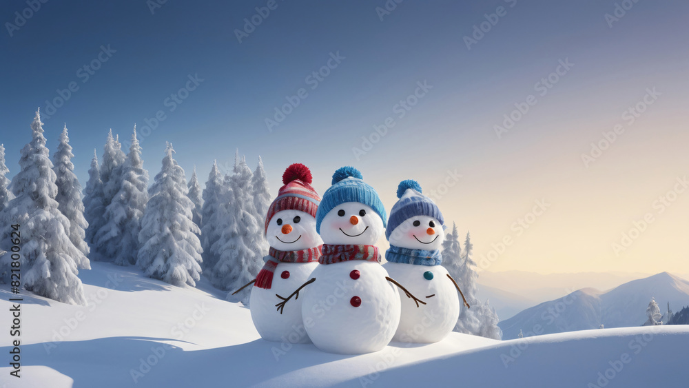 Three snowmen in winter caps and scarves, snowy mountains and trees, clear sky Three snowmen in winter caps and scarves, snowy mountains and trees, clear sky