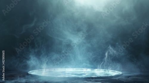 Isolated steam circle at night club, magic haze. Realistic 3D modern mockup of smoke, fog, and smog clouds on the floor. photo