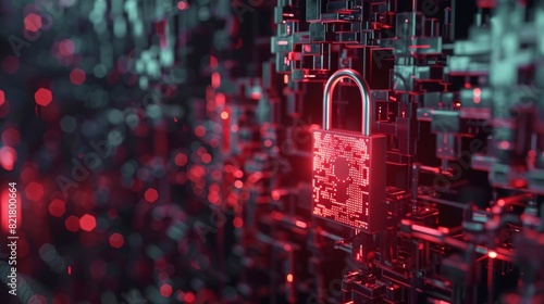 Futuristic digital security concept with a glowing red lock symbolizing cybersecurity and data protection in a virtual environment.
