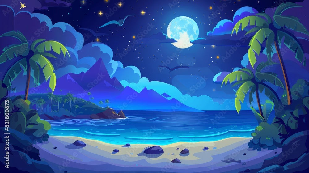 A tropical sea beach landscape at night, with a blue seascape, ocean waves, palm trees, mountains, clouds, and the full moon. A tropical sea beach landscape at night, with a blue seascape, ocean waves, palm trees, mountains, clouds, and the full moon.