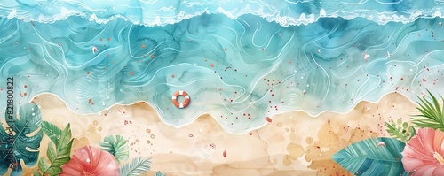 Watercolor pool party by the seaside with waves and sand, soft colors, detailed and charming, beach vibe
