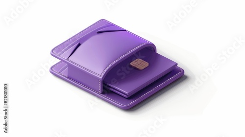 This 3D modern illustration shows a purple wallet open and closed with cash and credit cards. A symbol for payment, income, and cashback. It looks like an UI design icon. photo