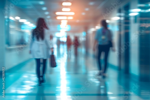 Doctor and nurse people in hospital interior or clinic corridor for background, abstract blurred image, laboratory, science experiment, health care and medical technology concept