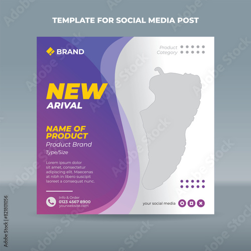 Square social media post template with transparent purple curve on the left side of a white background. Suitable for product promotion or product launches
