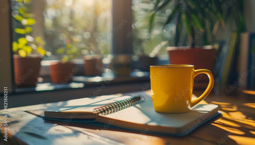 A cup of coffee on the table. The background is blurred. The foreground is a notebook and a pen. A cup of coffee on the table. The background is blurred. The foreground is a notebook and a pen.