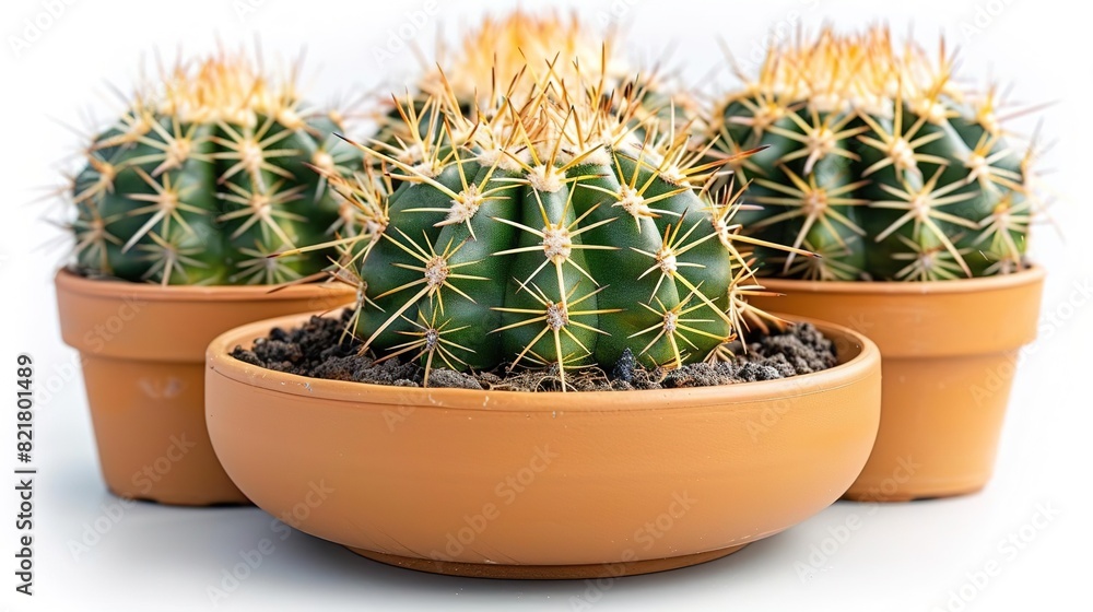 Four cacti in a ceramic pot on a white background. Four cacti in a ceramic pot on a white background.